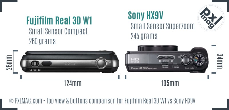 Fujifilm Real 3D W1 vs Sony HX9V top view buttons comparison