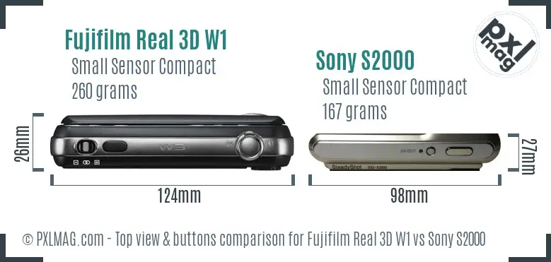 Fujifilm Real 3D W1 vs Sony S2000 top view buttons comparison
