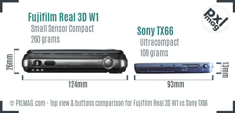 Fujifilm Real 3D W1 vs Sony TX66 top view buttons comparison Fujifilm Real 3D W1 vs Sony TX66 top view buttons comparison