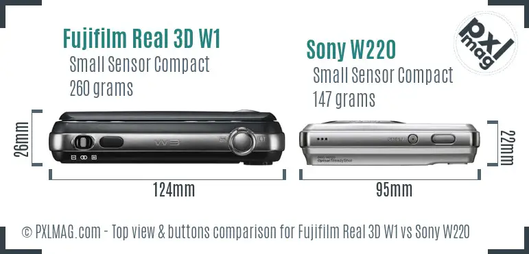 Fujifilm Real 3D W1 vs Sony W220 top view buttons comparison Fujifilm Real 3D W1 vs Sony W220 top view buttons comparison