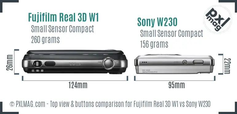 Fujifilm Real 3D W1 vs Sony W230 top view buttons comparison