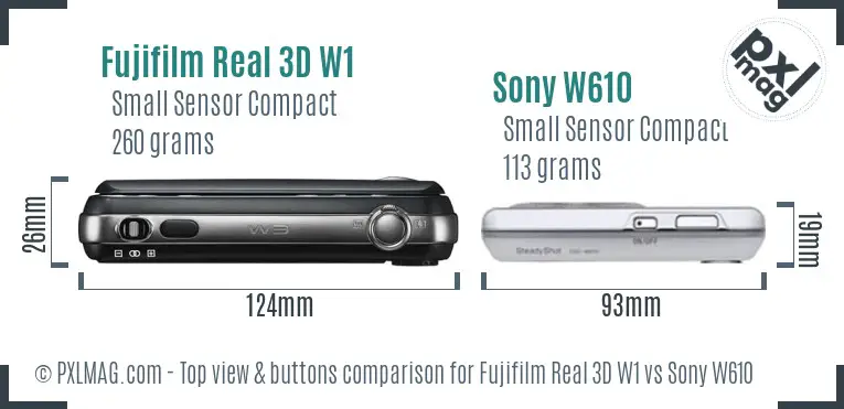 Fujifilm Real 3D W1 vs Sony W610 top view buttons comparison Fujifilm Real 3D W1 vs Sony W610 top view buttons comparison