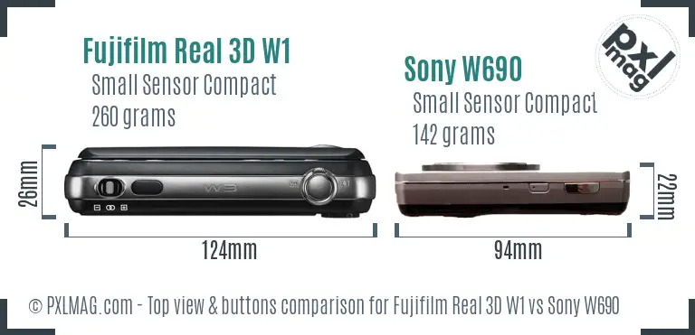 Fujifilm Real 3D W1 vs Sony W690 top view buttons comparison