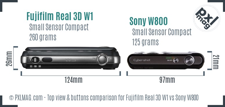 Fujifilm Real 3D W1 vs Sony W800 top view buttons comparison