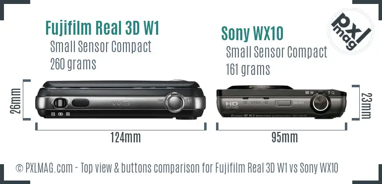 Fujifilm Real 3D W1 vs Sony WX10 top view buttons comparison
