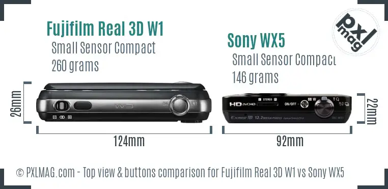Fujifilm Real 3D W1 vs Sony WX5 top view buttons comparison