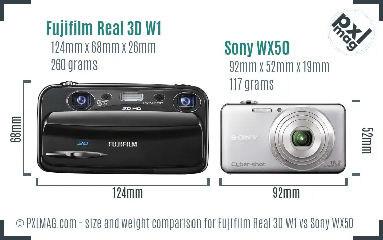 Fujifilm Real 3D W1 vs Sony WX50 size comparison
