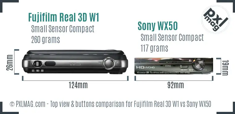 Fujifilm Real 3D W1 vs Sony WX50 top view buttons comparison