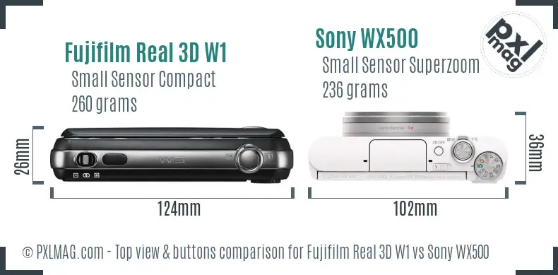 Fujifilm Real 3D W1 vs Sony WX500 top view buttons comparison