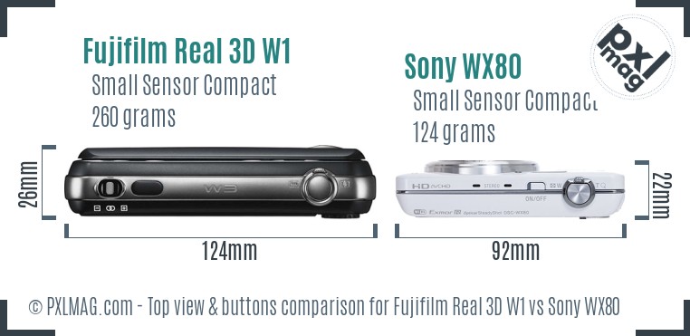 Fujifilm Real 3D W1 vs Sony WX80 top view buttons comparison