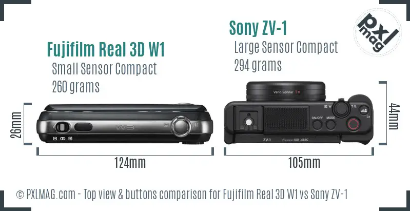 Fujifilm Real 3D W1 vs Sony ZV-1 top view buttons comparison Fujifilm Real 3D W1 vs Sony ZV-1 top view buttons comparison