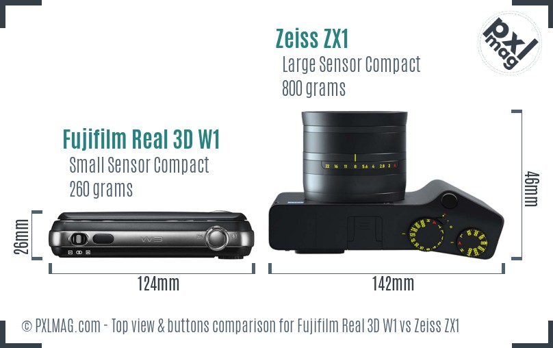 Fujifilm Real 3D W1 vs Zeiss ZX1 top view buttons comparison