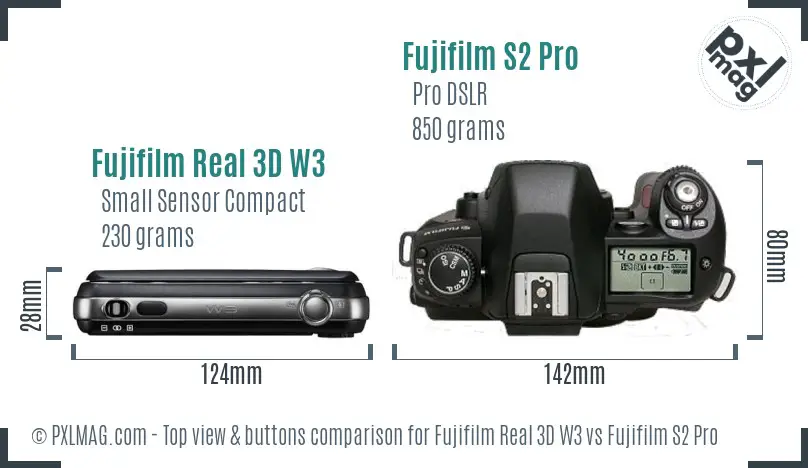 Fujifilm Real 3D W3 vs Fujifilm S2 Pro top view buttons comparison Fujifilm Real 3D W3 vs Fujifilm S2 Pro top view buttons comparison