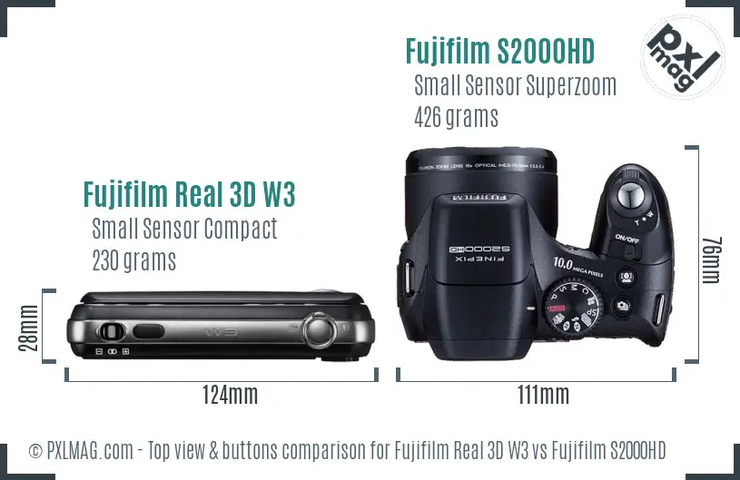 Fujifilm Real 3D W3 vs Fujifilm S2000HD top view buttons comparison