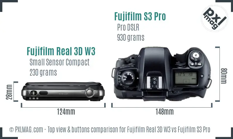 Fujifilm Real 3D W3 vs Fujifilm S3 Pro top view buttons comparison Fujifilm Real 3D W3 vs Fujifilm S3 Pro top view buttons comparison
