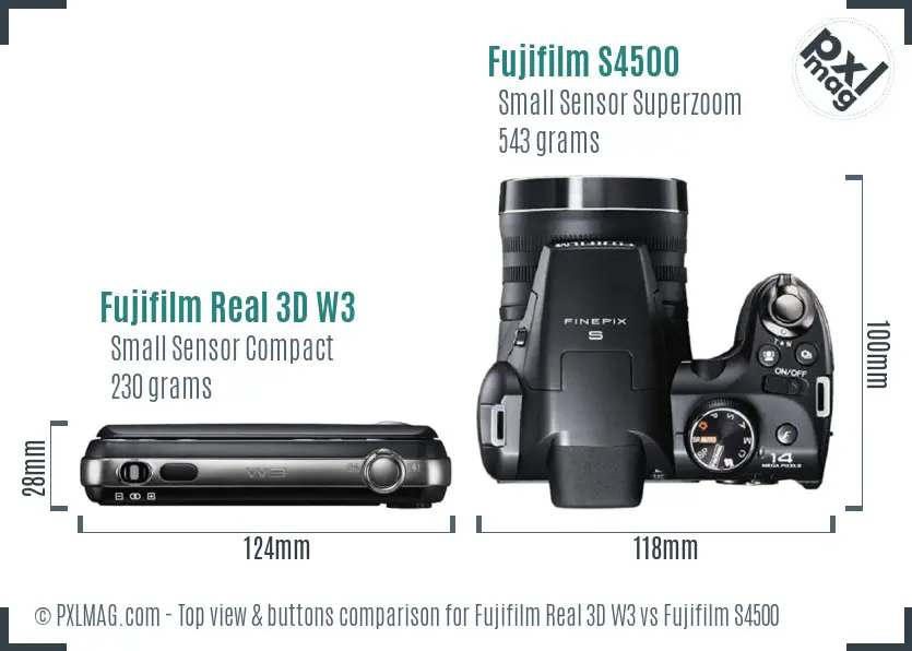 Fujifilm Real 3D W3 vs Fujifilm S4500 top view buttons comparison