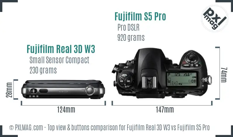 Fujifilm Real 3D W3 vs Fujifilm S5 Pro top view buttons comparison Fujifilm Real 3D W3 vs Fujifilm S5 Pro top view buttons comparison