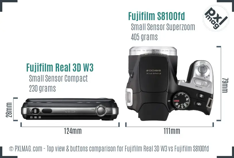 Fujifilm Real 3D W3 vs Fujifilm S8100fd top view buttons comparison