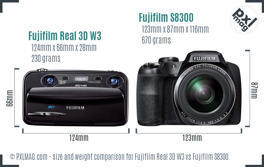 Fujifilm Real 3D W3 vs Fujifilm S8300 size comparison Fujifilm Real 3D W3 vs Fujifilm S8300 size comparison