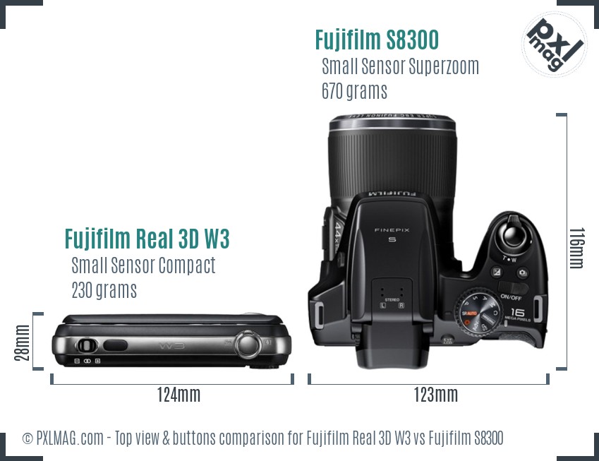 Fujifilm Real 3D W3 vs Fujifilm S8300 top view buttons comparison