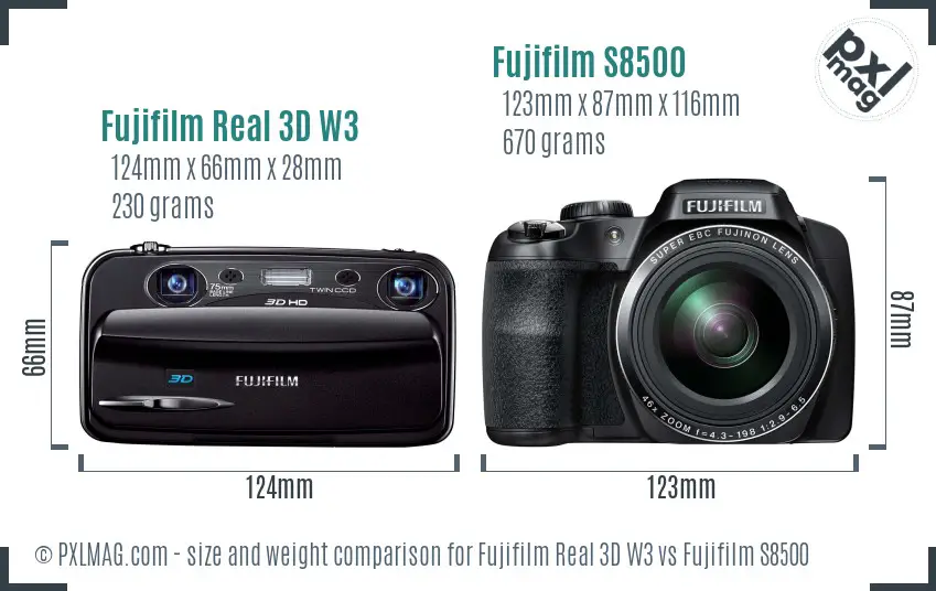 Fujifilm Real 3D W3 vs Fujifilm S8500 size comparison