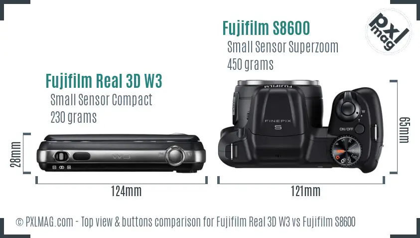 Fujifilm Real 3D W3 vs Fujifilm S8600 top view buttons comparison