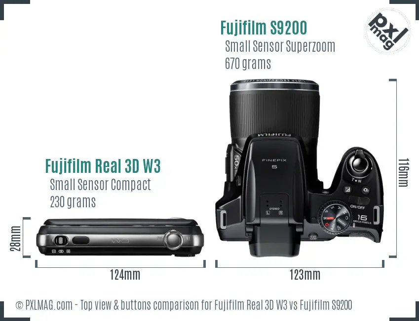 Fujifilm Real 3D W3 vs Fujifilm S9200 top view buttons comparison