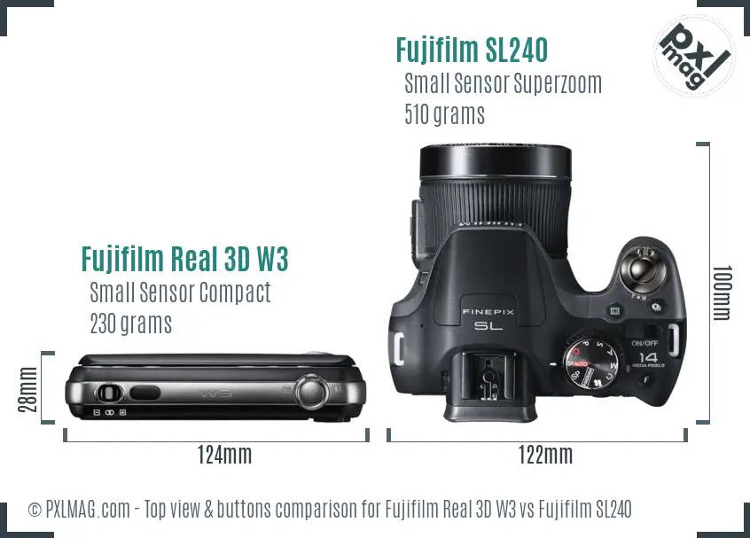 Fujifilm Real 3D W3 vs Fujifilm SL240 top view buttons comparison