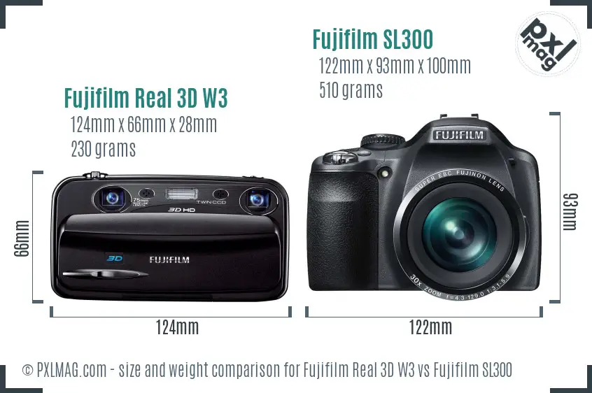 Fujifilm Real 3D W3 vs Fujifilm SL300 size comparison