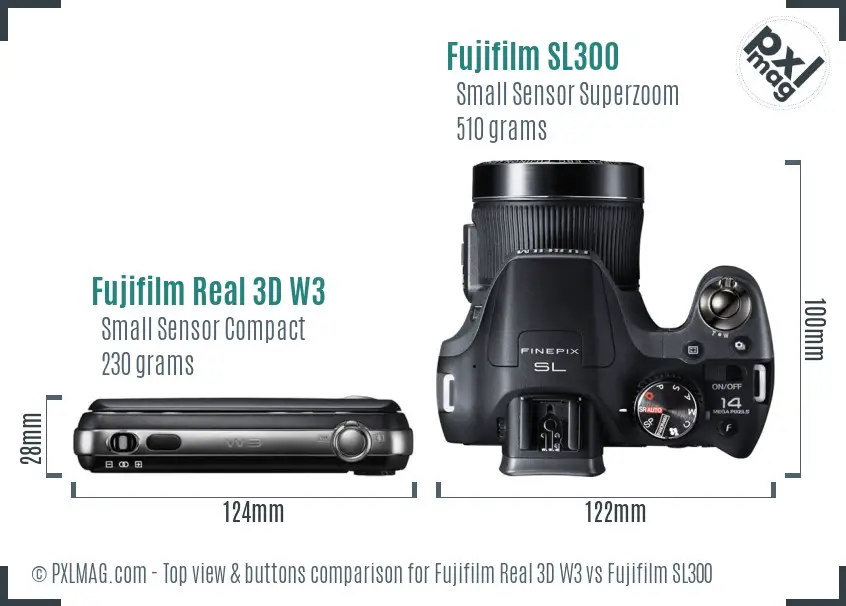 Fujifilm Real 3D W3 vs Fujifilm SL300 top view buttons comparison