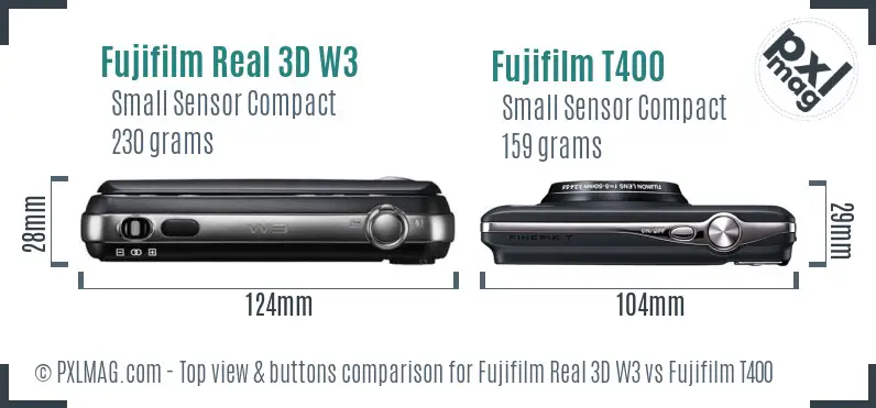 Fujifilm Real 3D W3 vs Fujifilm T400 top view buttons comparison
