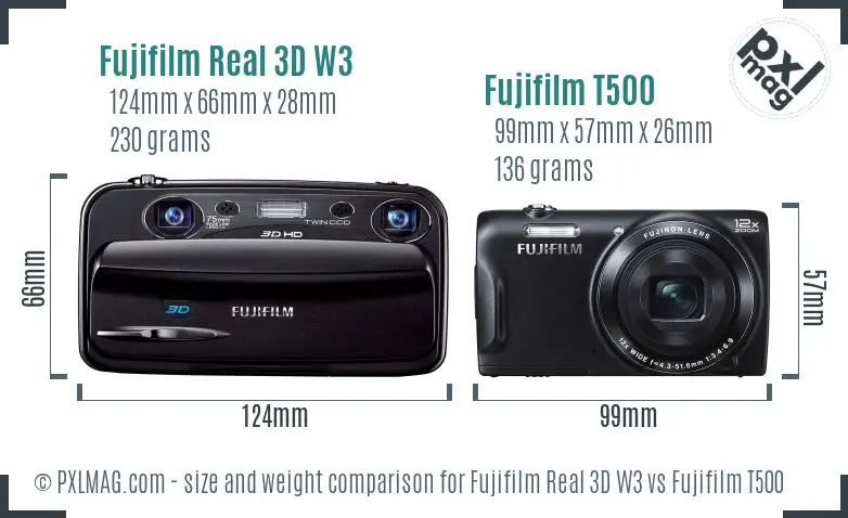 Fujifilm Real 3D W3 vs Fujifilm T500 size comparison