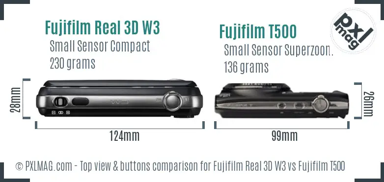 Fujifilm Real 3D W3 vs Fujifilm T500 top view buttons comparison
