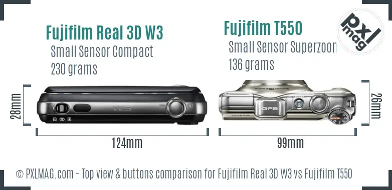 Fujifilm Real 3D W3 vs Fujifilm T550 top view buttons comparison