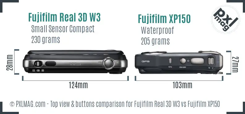 Fujifilm Real 3D W3 vs Fujifilm XP150 top view buttons comparison