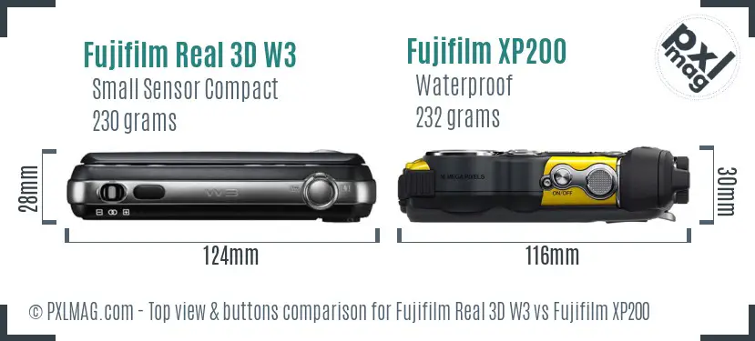 Fujifilm Real 3D W3 vs Fujifilm XP200 top view buttons comparison