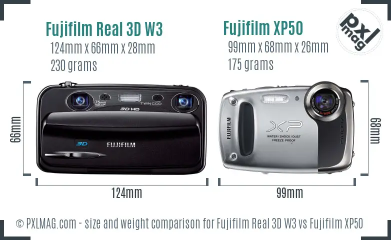 Fujifilm Real 3D W3 vs Fujifilm XP50 size comparison