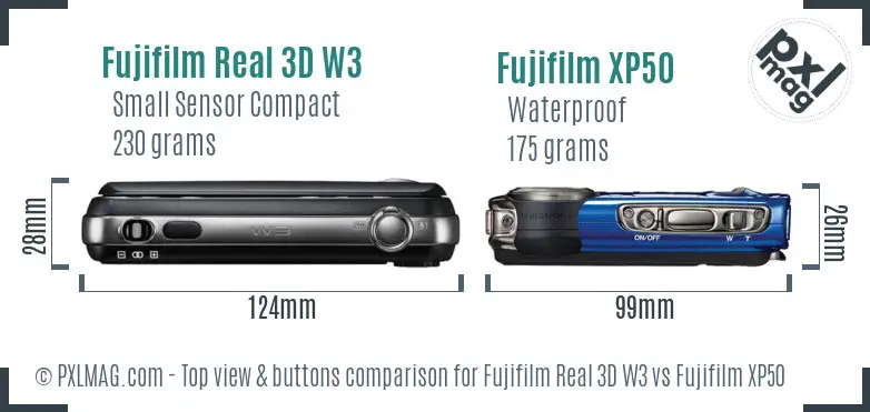 Fujifilm Real 3D W3 vs Fujifilm XP50 top view buttons comparison