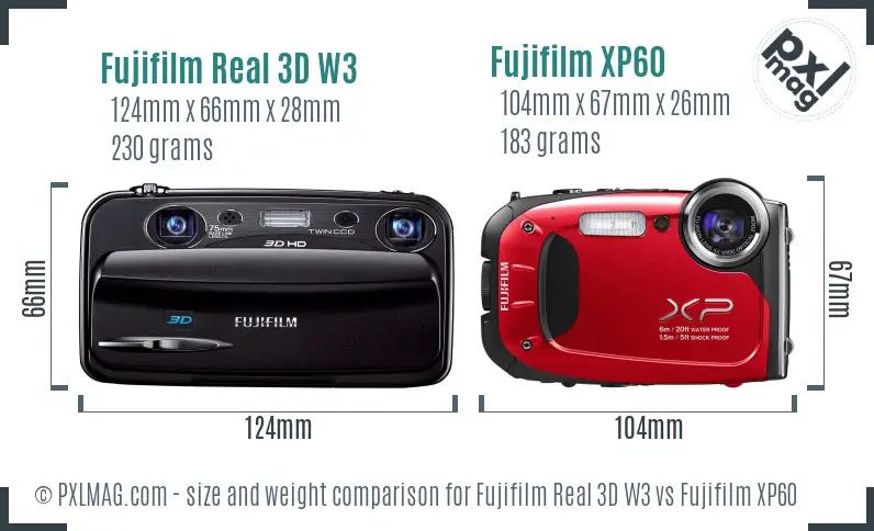 Fujifilm Real 3D W3 vs Fujifilm XP60 size comparison