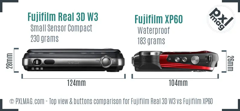 Fujifilm Real 3D W3 vs Fujifilm XP60 top view buttons comparison