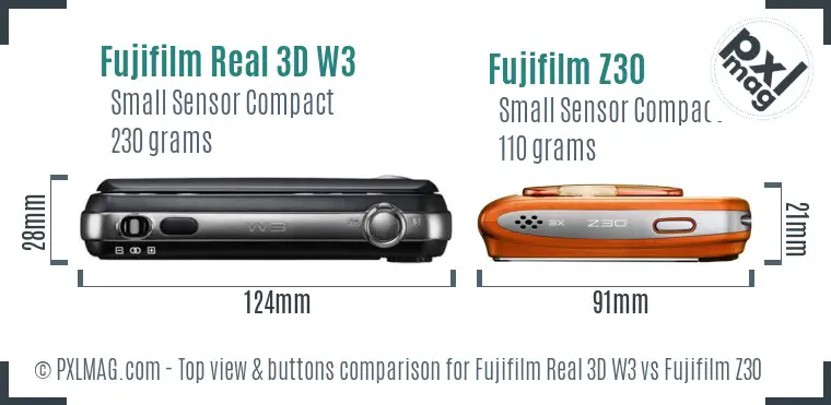 Fujifilm Real 3D W3 vs Fujifilm Z30 top view buttons comparison