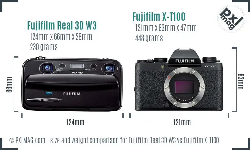 Fujifilm Real 3D W3 vs Fujifilm X-T100 size comparison