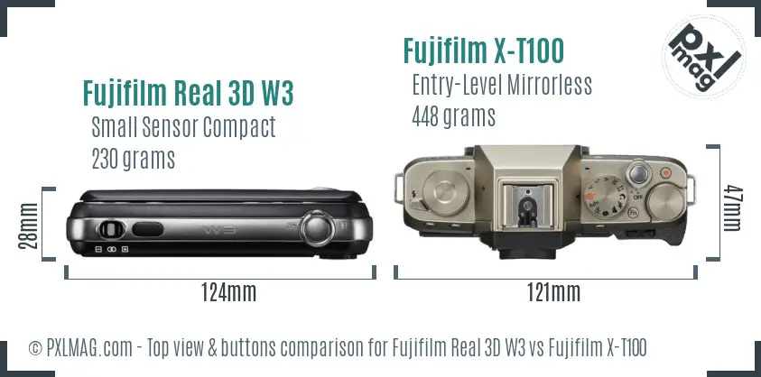 Fujifilm Real 3D W3 vs Fujifilm X-T100 top view buttons comparison