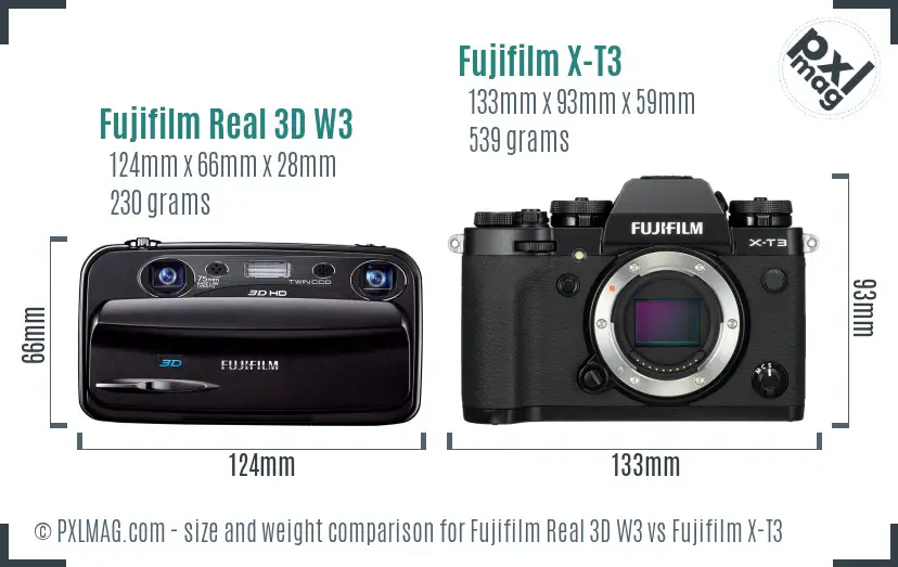 Fujifilm Real 3D W3 vs Fujifilm X-T3 size comparison