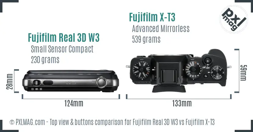 Fujifilm Real 3D W3 vs Fujifilm X-T3 top view buttons comparison