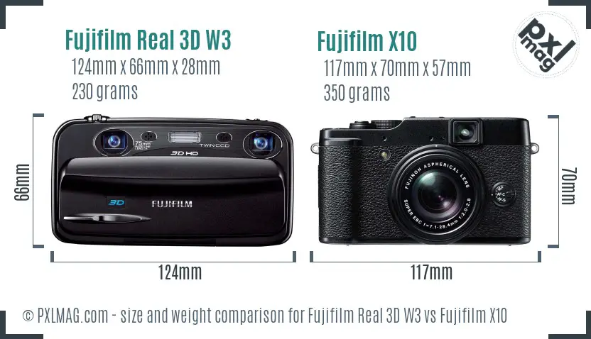 Fujifilm Real 3D W3 vs Fujifilm X10 size comparison