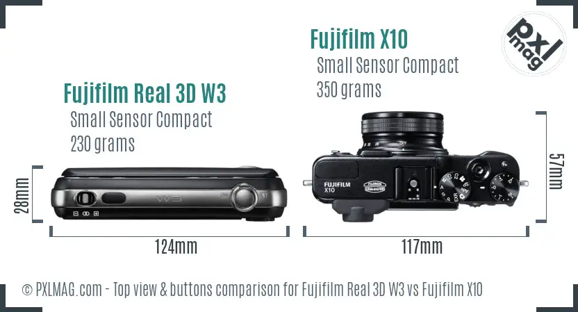 Fujifilm Real 3D W3 vs Fujifilm X10 top view buttons comparison
