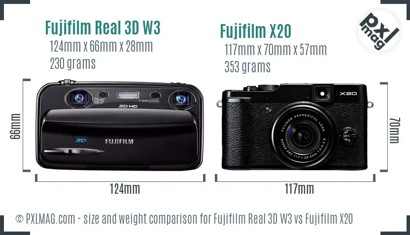 Fujifilm Real 3D W3 vs Fujifilm X20 size comparison