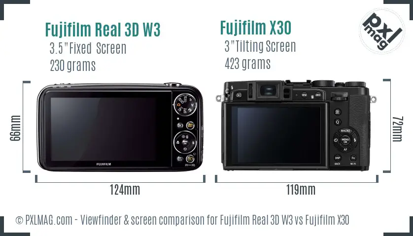 Fujifilm Real 3D W3 vs Fujifilm X30 Screen and Viewfinder comparison