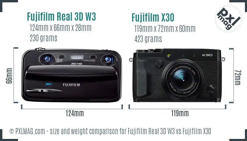 Fujifilm Real 3D W3 vs Fujifilm X30 size comparison